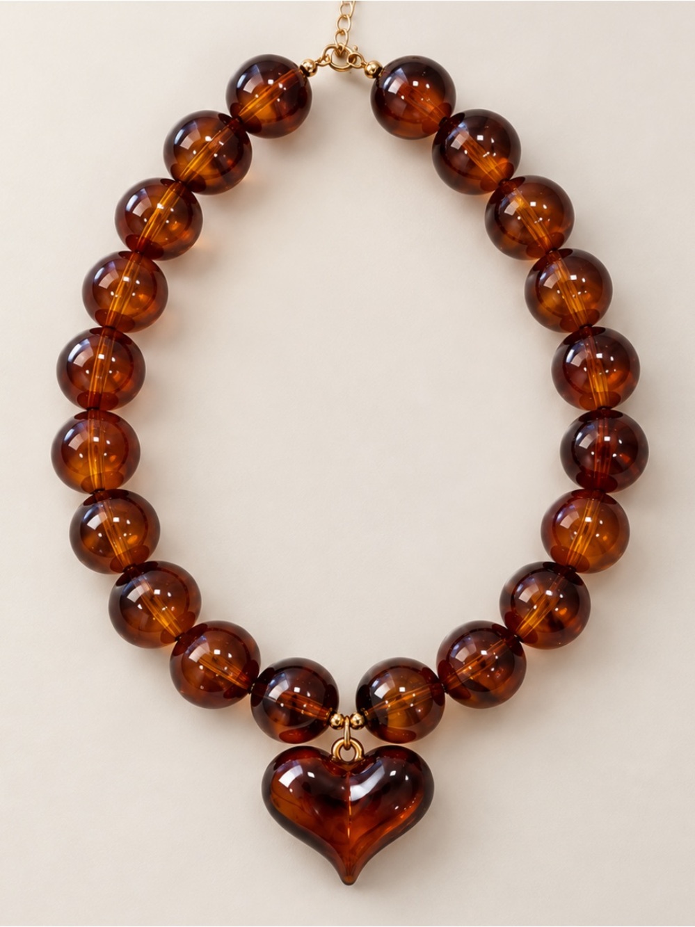 New! Amber Brown Lucite Beaded Heart Necklace NWOT 3030